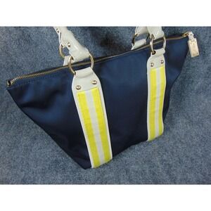 Michael Kors Shoulder Tote Navy Blue Nylon Yellow Stripe Strap Bag‎